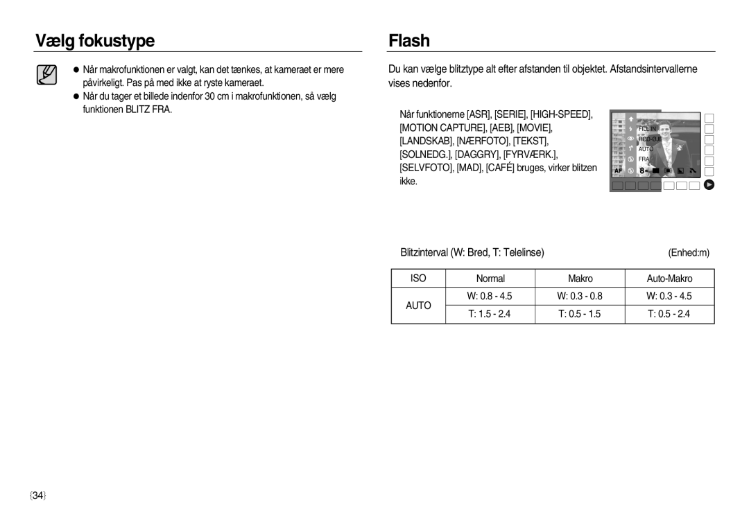 Samsung EC-NV8ZZBBA/E2, EC-NV8ZZSDA/E3, EC-NV8ZZBDA/E3, EC-NV8ZZSBA/E2 manual Flash, Blitzinterval W Bred, T Telelinse 