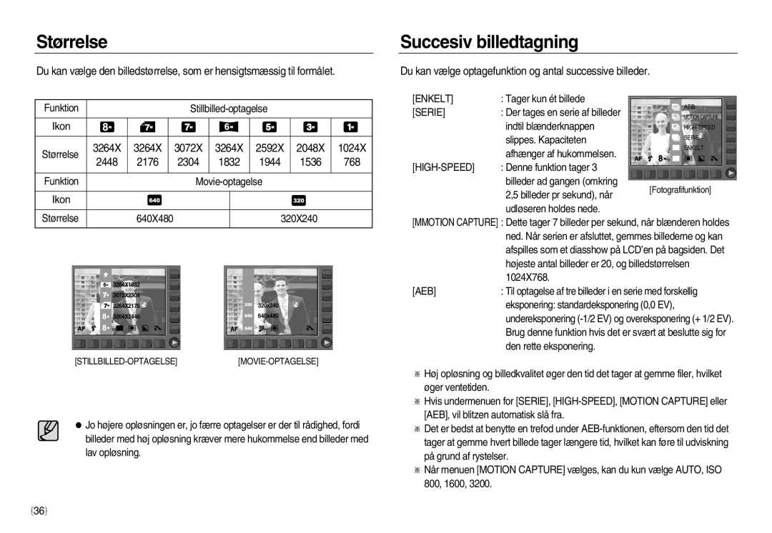 Samsung EC-NV8ZZBDA/E3 manual Størrelse, Succesiv billedtagning, Du kan vælge optagefunktion og antal successive billeder 