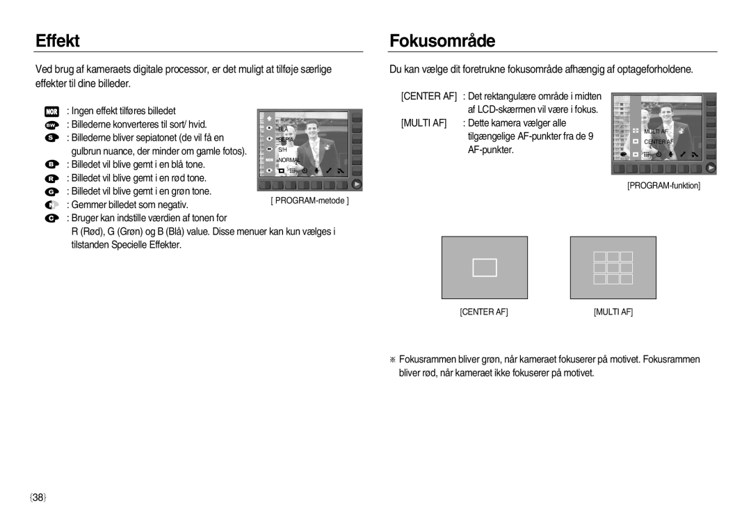Samsung EC-NV8ZZBBA/E2, EC-NV8ZZSDA/E3, EC-NV8ZZBDA/E3, EC-NV8ZZSBA/E2 manual Effekt, Fokusområde 