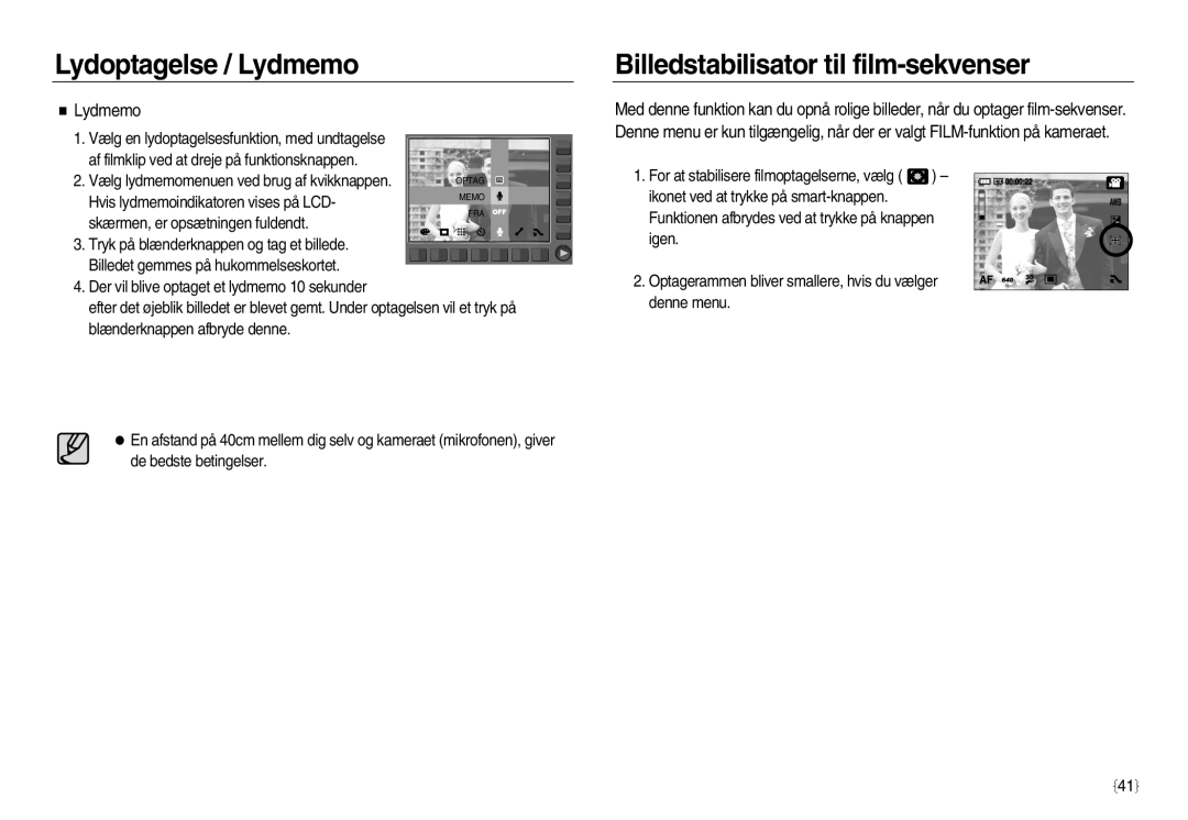 Samsung EC-NV8ZZSBA/E2, EC-NV8ZZSDA/E3, EC-NV8ZZBDA/E3, EC-NV8ZZBBA/E2 manual Billedstabilisator til film-sekvenser, Lydmemo 