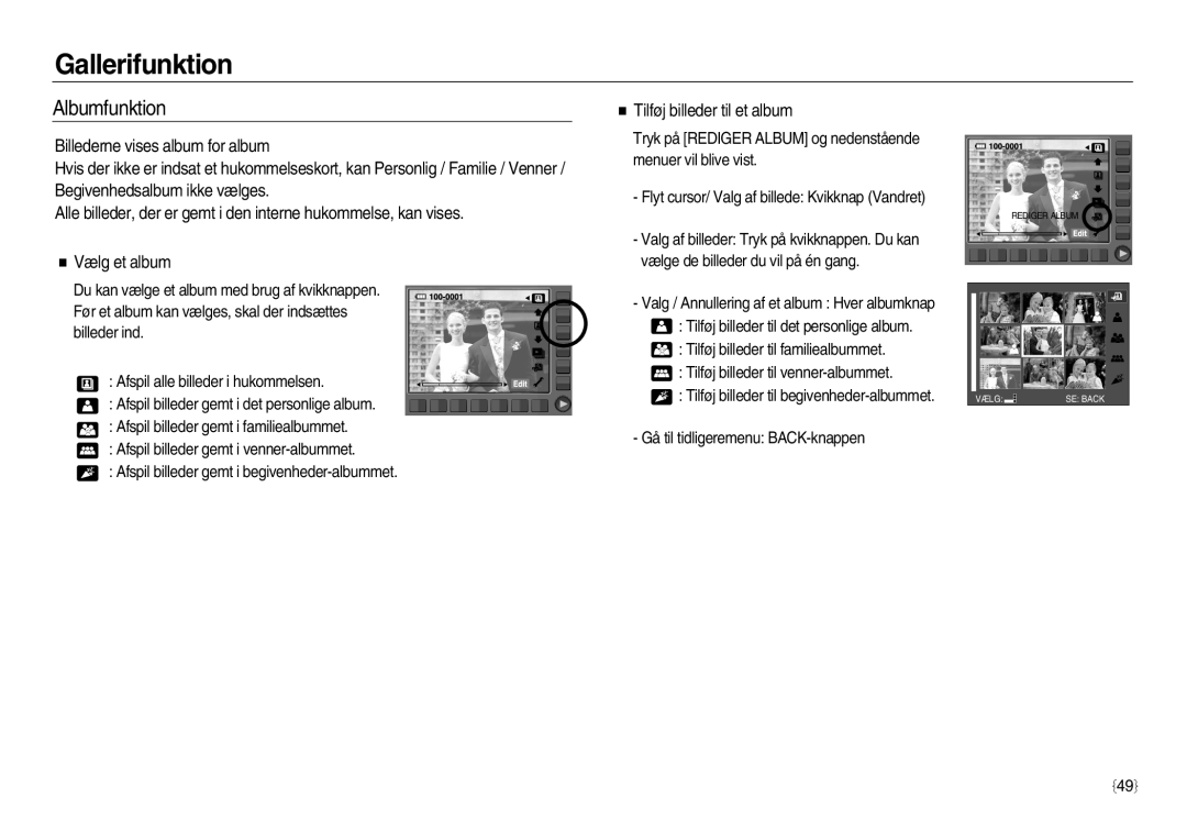 Samsung EC-NV8ZZSBA/E2, EC-NV8ZZSDA/E3, EC-NV8ZZBDA/E3, EC-NV8ZZBBA/E2 manual Albumfunktion, Tilføj billeder til et album 