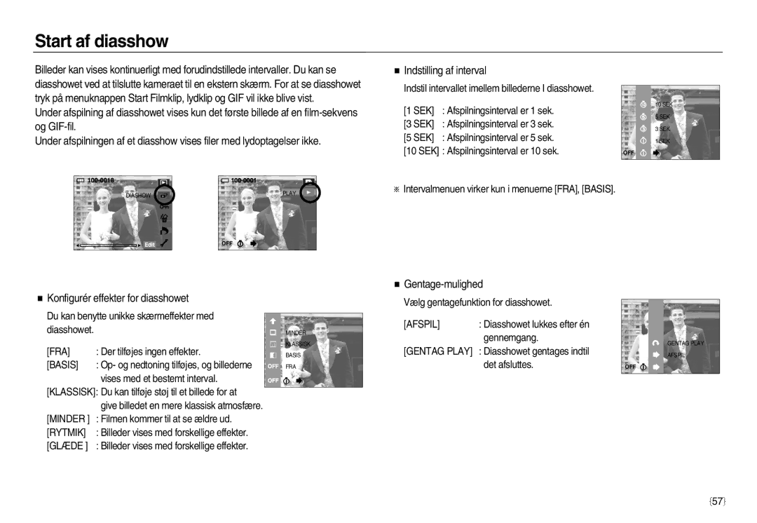 Samsung EC-NV8ZZSBA/E2, EC-NV8ZZSDA/E3 manual Start af diasshow, Konfigurér effekter for diasshowet, Gentage-mulighed 