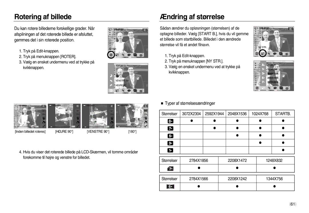 Samsung EC-NV8ZZSBA/E2, EC-NV8ZZSDA/E3 manual Rotering af billede Ændring af størrelse, Typer af størrelsesændringer, Startb 