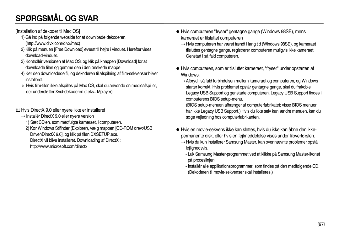 Samsung EC-NV8ZZSBA/E2 manual Installation af dekoder til Mac OS, Hvis DirectX 9.0 eller nyere ikke er installeret 