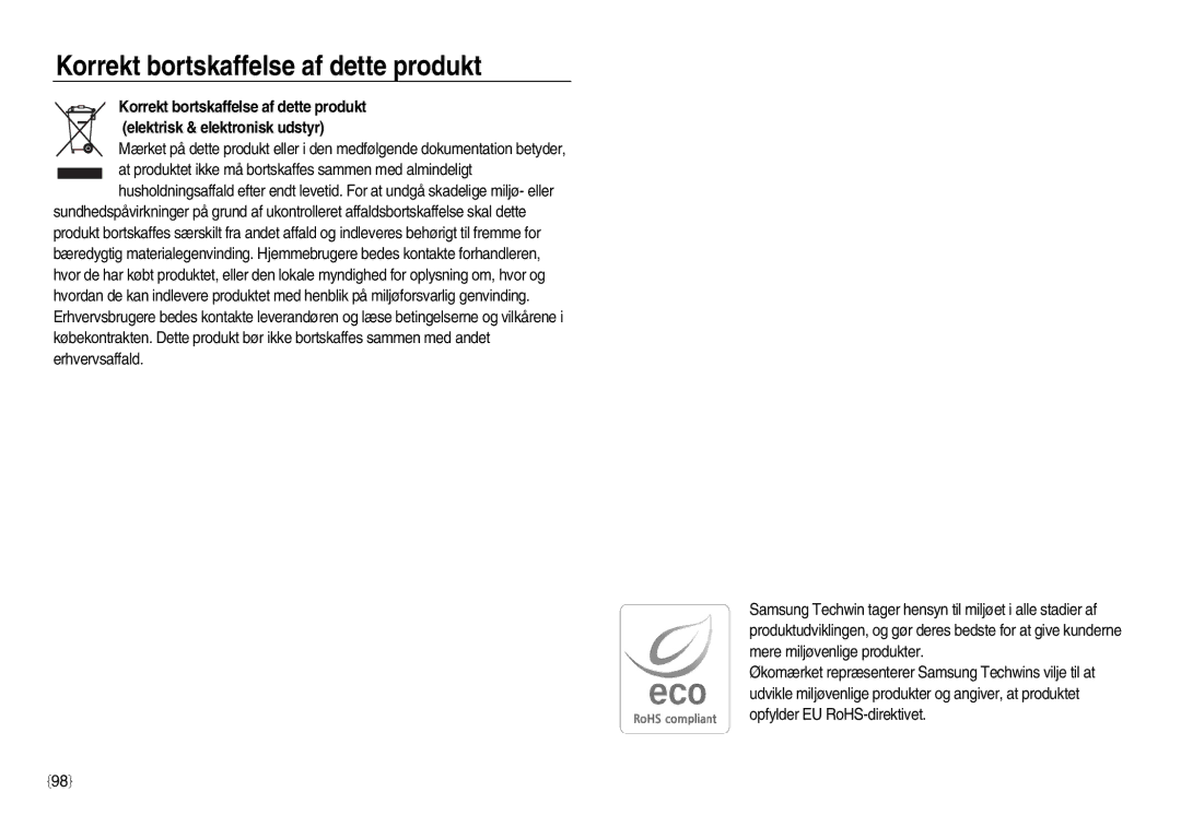 Samsung EC-NV8ZZBBA/E2, EC-NV8ZZSDA/E3, EC-NV8ZZBDA/E3, EC-NV8ZZSBA/E2 manual Korrekt bortskaffelse af dette produkt 