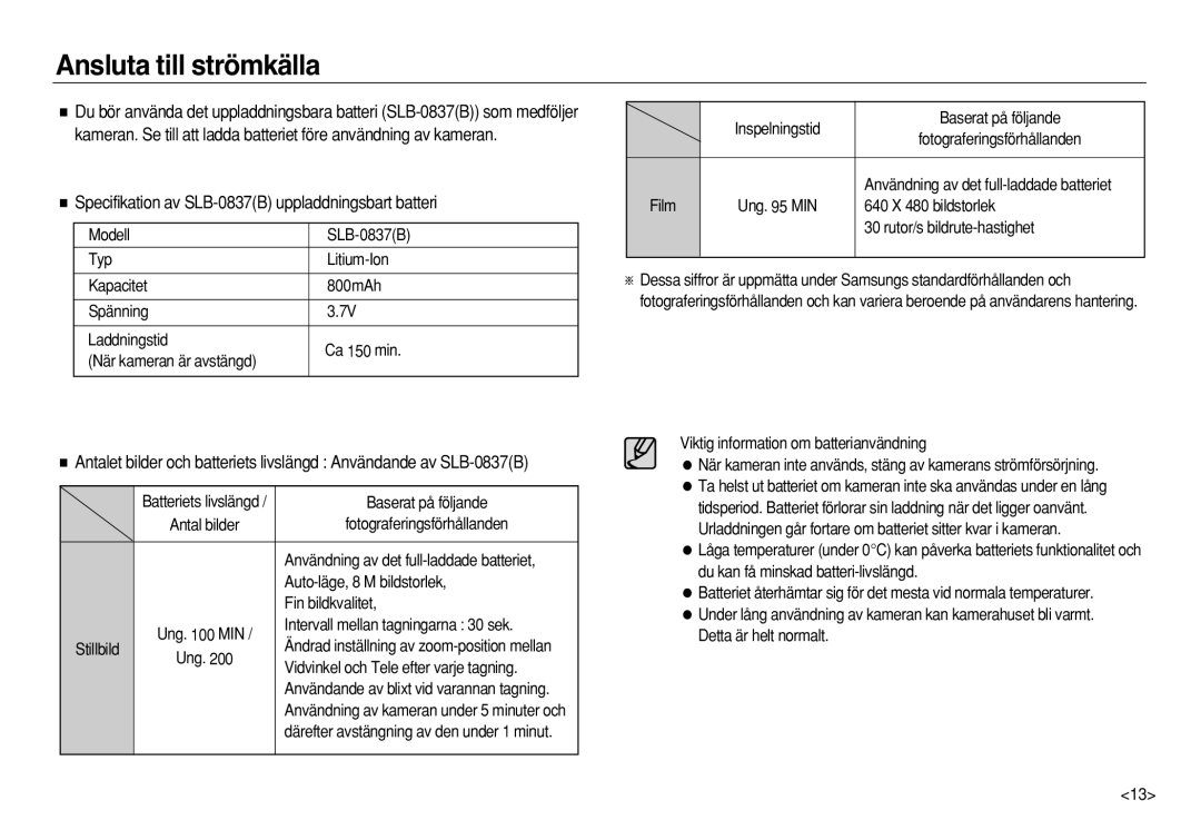 Samsung EC-NV8ZZSBA/E2, EC-NV8ZZSDA/E3 manual Ansluta till strömkälla, Specifikation av SLB-0837B uppladdningsbart batteri 