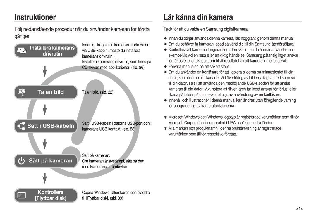 Samsung EC-NV8ZZSBA/E2 manual Instruktioner, Lär känna din kamera, Gången, Tack för att du valde en Samsung digitalkamera 