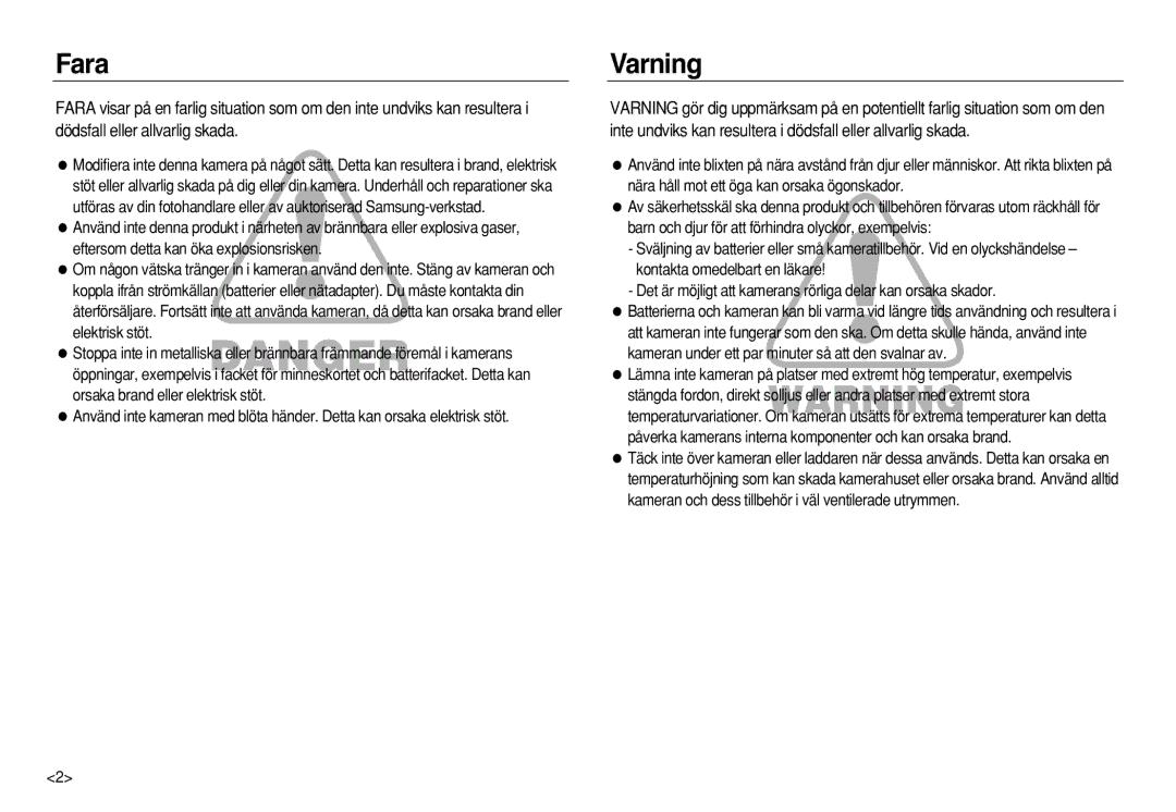 Samsung EC-NV8ZZBBA/E2, EC-NV8ZZSDA/E3, EC-NV8ZZBDA/E3, EC-NV8ZZSBA/E2 manual Fara, Varning 