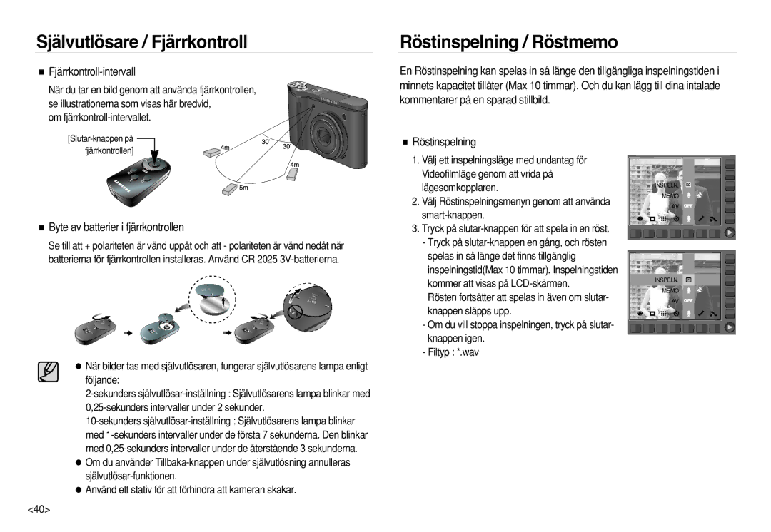 Samsung EC-NV8ZZBDA/E3 manual Röstinspelning / Röstmemo, Fjärrkontroll-intervall, Byte av batterier i fjärrkontrollen 