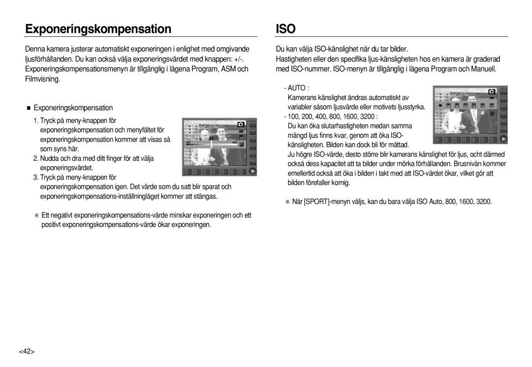 Samsung EC-NV8ZZBBA/E2, EC-NV8ZZSDA/E3 manual Exponeringskompensation, Du kan välja ISO-känslighet när du tar bilder, Auto 