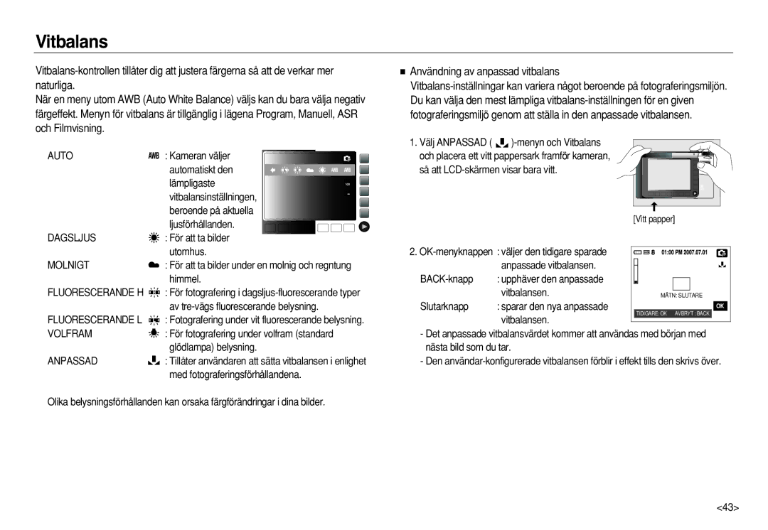 Samsung EC-NV8ZZSDA/E3, EC-NV8ZZBDA/E3, EC-NV8ZZSBA/E2, EC-NV8ZZBBA/E2 manual Vitbalans, Användning av anpassad vitbalans 