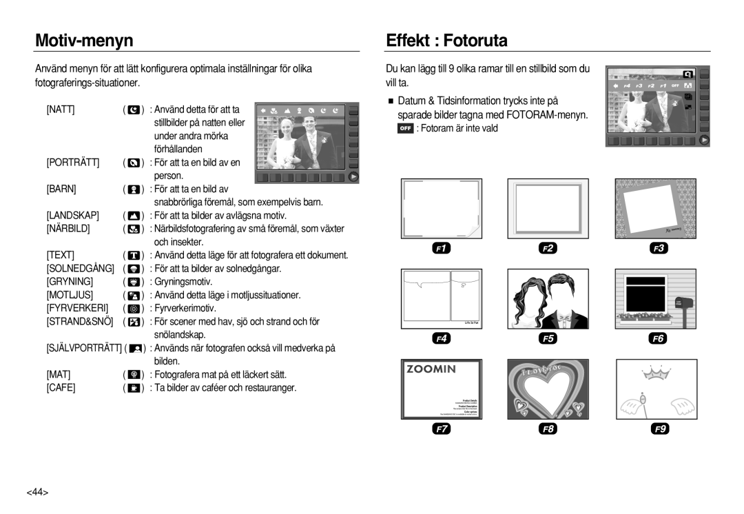 Samsung EC-NV8ZZBDA/E3, EC-NV8ZZSDA/E3, EC-NV8ZZSBA/E2, EC-NV8ZZBBA/E2 manual Motiv-menyn, Effekt Fotoruta 