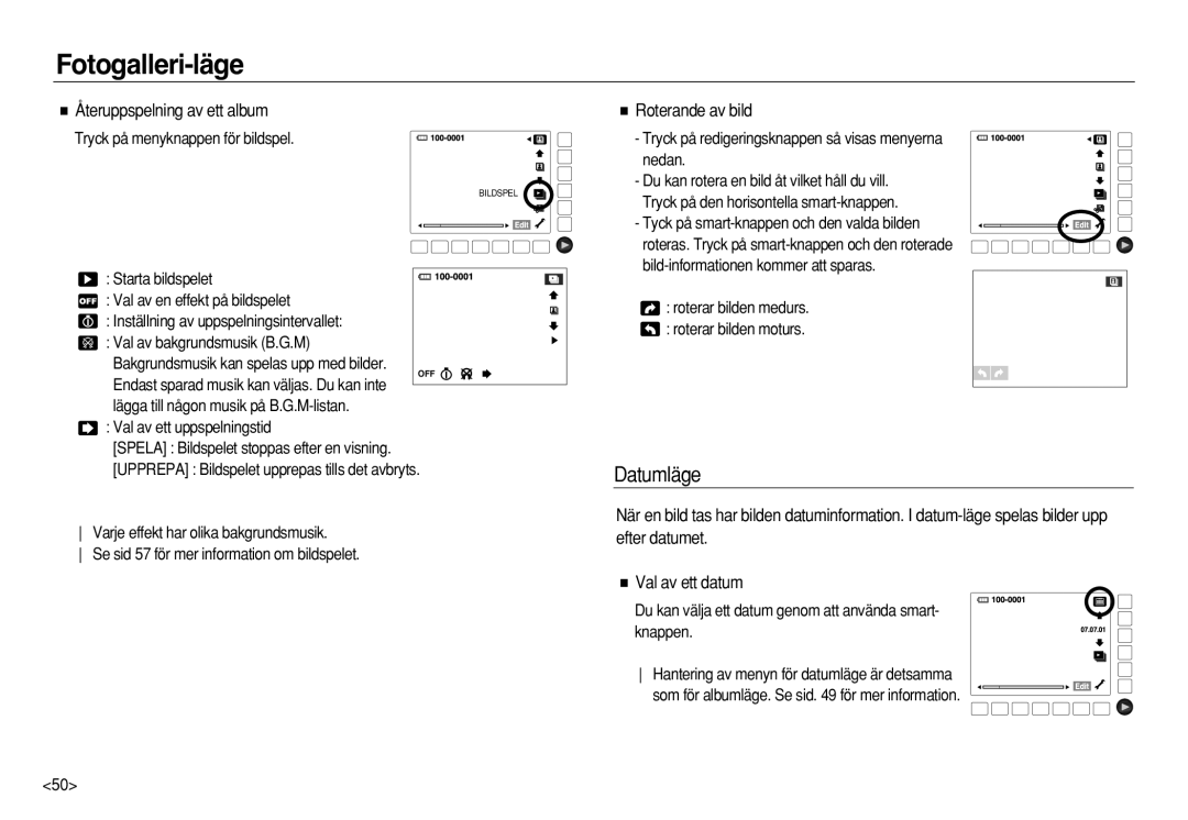 Samsung EC-NV8ZZBBA/E2, EC-NV8ZZSDA/E3, EC-NV8ZZBDA/E3 manual Datumläge, Återuppspelning av ett album, Roterande av bild 