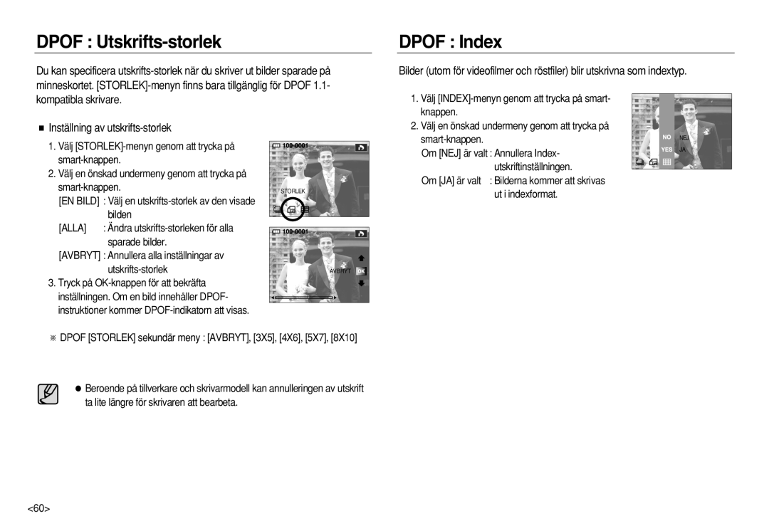 Samsung EC-NV8ZZBDA/E3, EC-NV8ZZSDA/E3, EC-NV8ZZSBA/E2 Dpof Utskrifts-storlek, Dpof Index, Inställning av utskrifts-storlek 