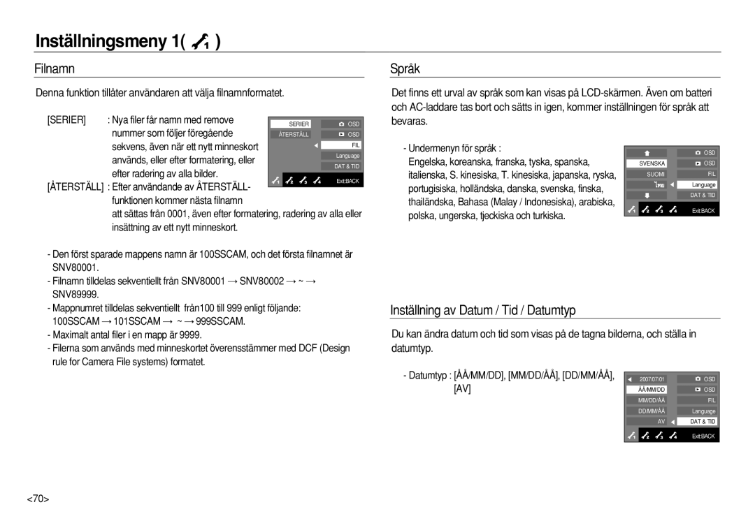 Samsung EC-NV8ZZBBA/E2, EC-NV8ZZSDA/E3 manual Inställningsmeny, Filnamn, Språk, Inställning av Datum / Tid / Datumtyp 