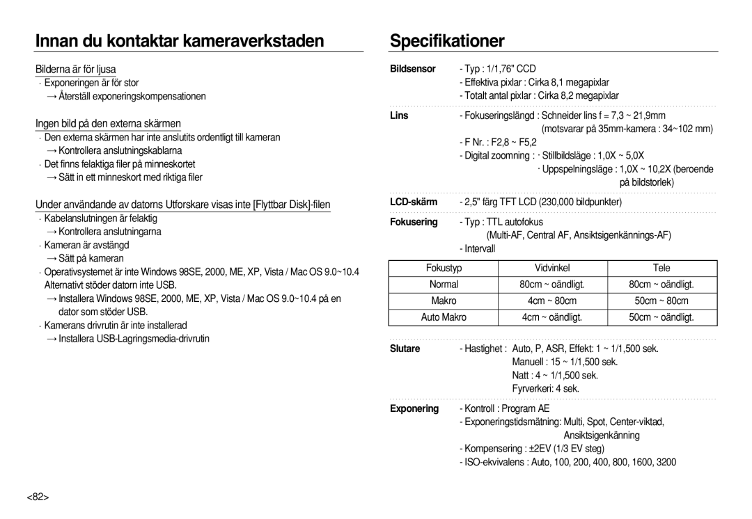 Samsung EC-NV8ZZBBA/E2, EC-NV8ZZSDA/E3 manual Specifikationer, Bilderna är för ljusa, Ingen bild på den externa skärmen 