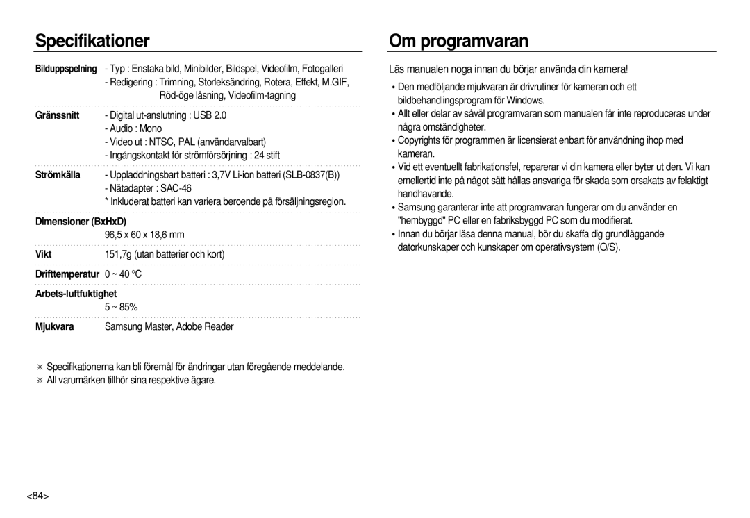 Samsung EC-NV8ZZBDA/E3 Om programvaran, Läs manualen noga innan du börjar använda din kamera, 96,5 x 60 x 18,6 mm, ~ 40 C 