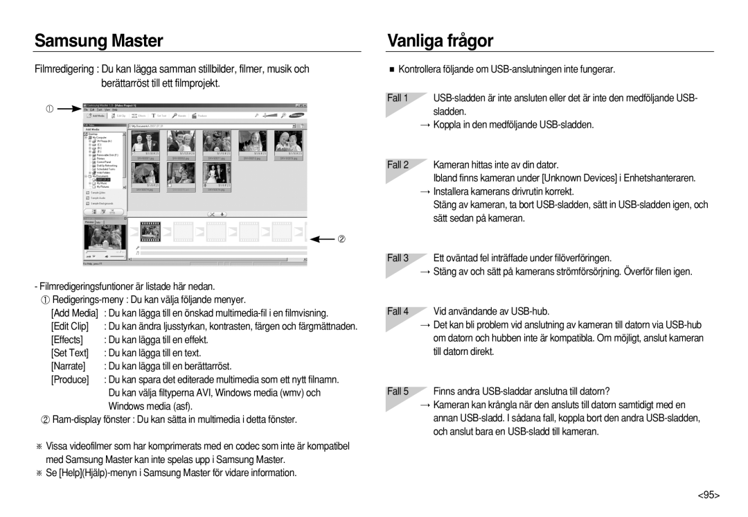 Samsung EC-NV8ZZSDA/E3, EC-NV8ZZBDA/E3, EC-NV8ZZSBA/E2, EC-NV8ZZBBA/E2 manual Vanliga frågor, Edit Clip, Windows media asf 