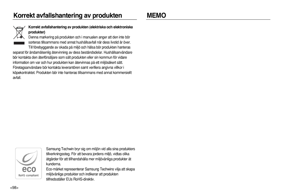 Samsung EC-NV8ZZBBA/E2, EC-NV8ZZSDA/E3, EC-NV8ZZBDA/E3, EC-NV8ZZSBA/E2 manual Korrekt avfallshantering av produkten, Memo 