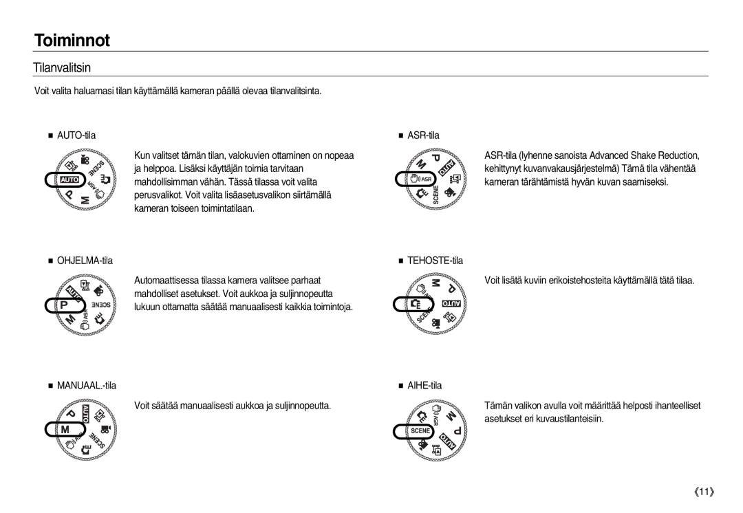 Samsung EC-NV8ZZSDA/E3, EC-NV8ZZBDA/E3, EC-NV8ZZSBA/E2, EC-NV8ZZBBA/E2 manual Tilanvalitsin, Asetukset eri kuvaustilanteisiin 