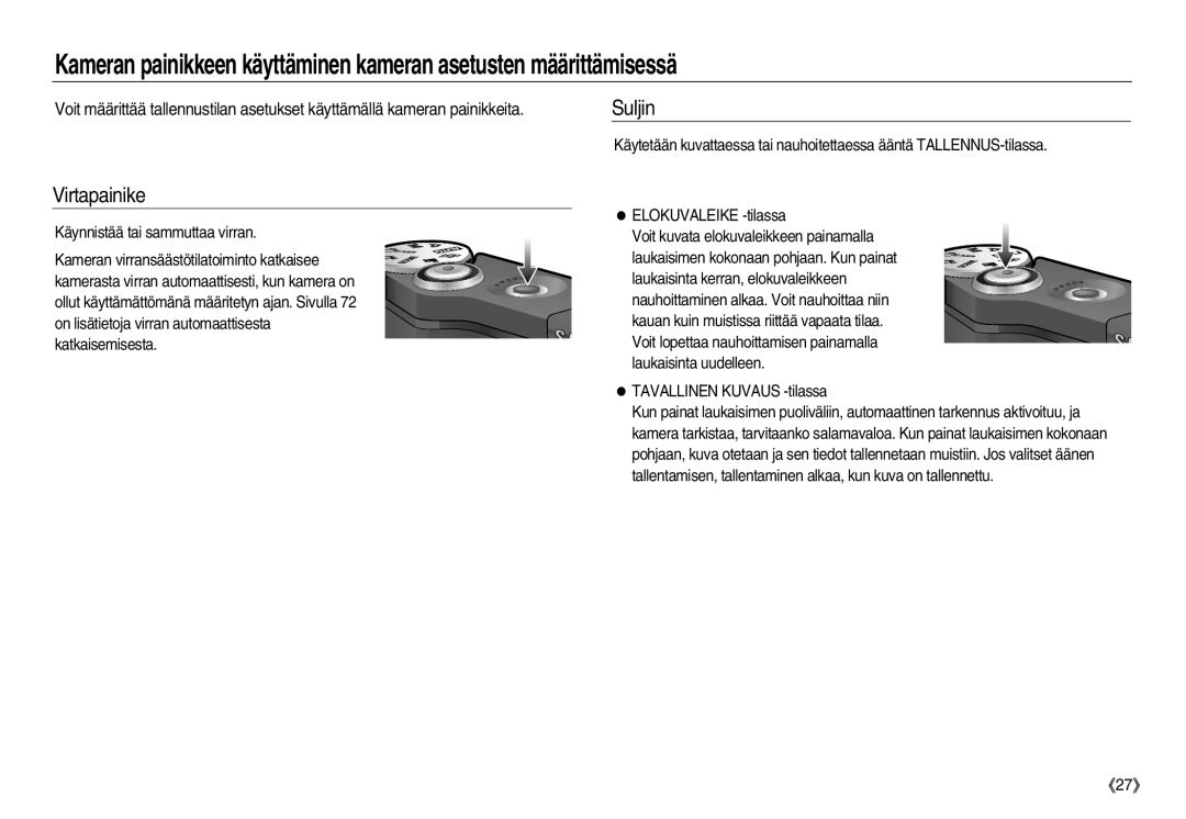 Samsung EC-NV8ZZSDA/E3, EC-NV8ZZBDA/E3 Virtapainike, Suljin, Käynnistää tai sammuttaa virran, Tavallinen Kuvaus -tilassa 