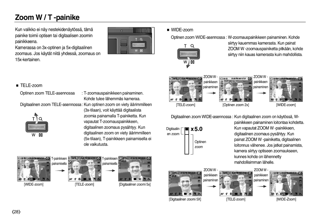 Samsung EC-NV8ZZBDA/E3, EC-NV8ZZSDA/E3, EC-NV8ZZSBA/E2, EC-NV8ZZBBA/E2 manual Zoom W / T -painike, WIDE-zoom, TELE-zoom 