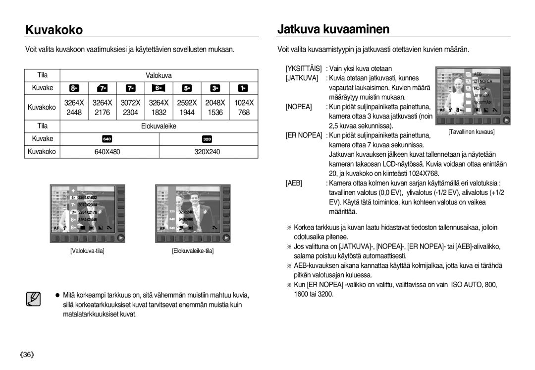 Samsung EC-NV8ZZBDA/E3, EC-NV8ZZSDA/E3, EC-NV8ZZSBA/E2 Kuvakoko, Jatkuva kuvaaminen, 3264X, 2448 2176, 1832 1944 1536 768 