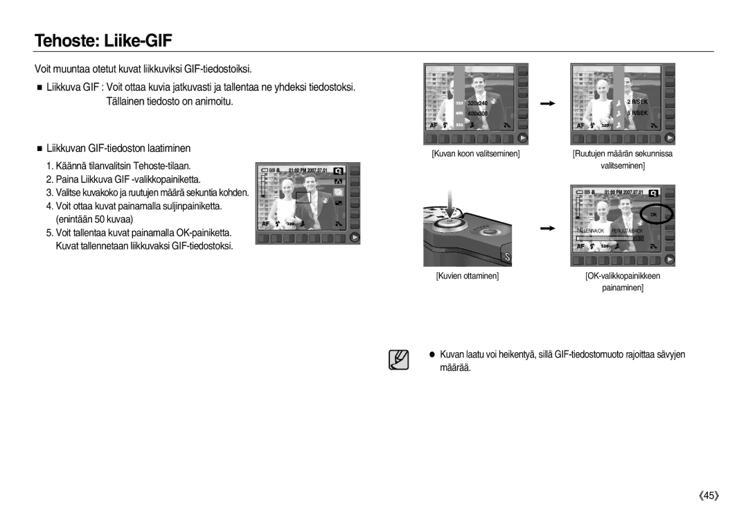 Samsung EC-NV8ZZSBA/E2, EC-NV8ZZSDA/E3 manual Tehoste Liike-GIF, Voit muuntaa otetut kuvat liikkuviksi GIF-tiedostoiksi 