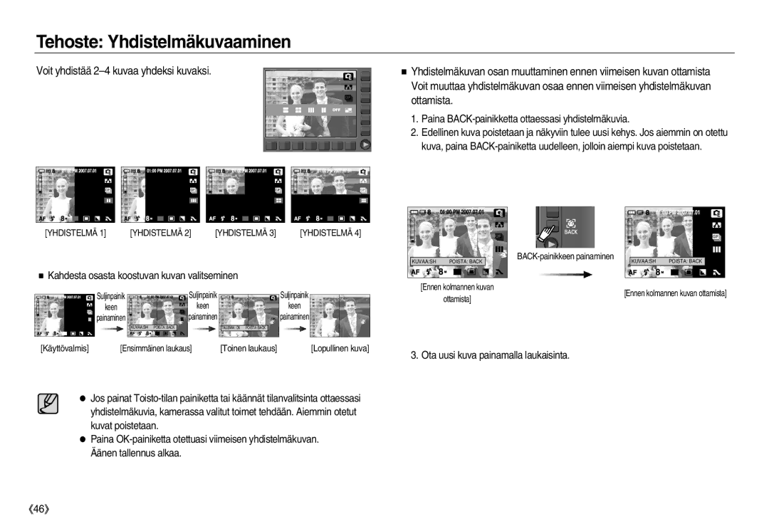 Samsung EC-NV8ZZBBA/E2, EC-NV8ZZSDA/E3 Tehoste Yhdistelmäkuvaaminen, Paina BACK-painikketta ottaessasi yhdistelmäkuvia 