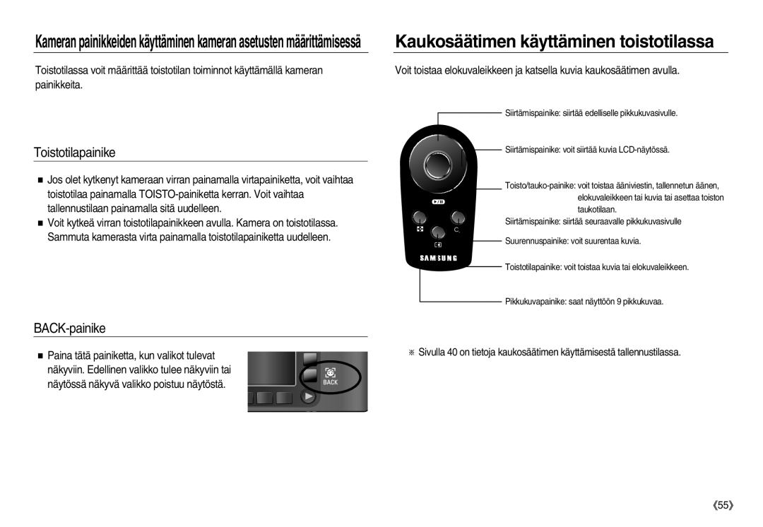 Samsung EC-NV8ZZSDA/E3, EC-NV8ZZBDA/E3 manual Kaukosäätimen käyttäminen toistotilassa, Toistotilapainike, BACK-painike 