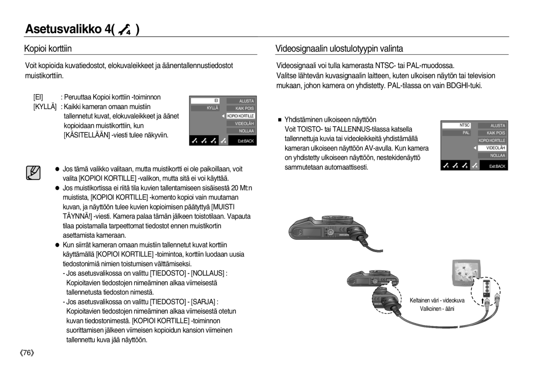 Samsung EC-NV8ZZBDA/E3, EC-NV8ZZSDA/E3, EC-NV8ZZSBA/E2 manual Kopioi korttiin, Videosignaalin ulostulotyypin valinta, Kyllä 