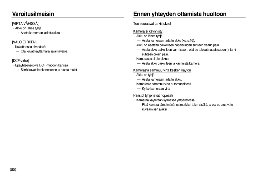 Samsung EC-NV8ZZBDA/E3 manual Ennen yhteyden ottamista huoltoon, DCF-virhe, Tee seuraavat tarkistukset Kamera ei käynnisty 