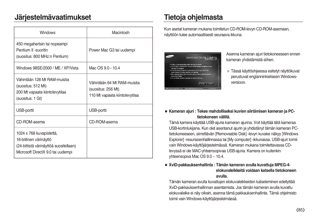 Samsung EC-NV8ZZSBA/E2, EC-NV8ZZSDA/E3, EC-NV8ZZBDA/E3 manual Järjestelmävaatimukset, Tietoja ohjelmasta, Mac OS 9.0 