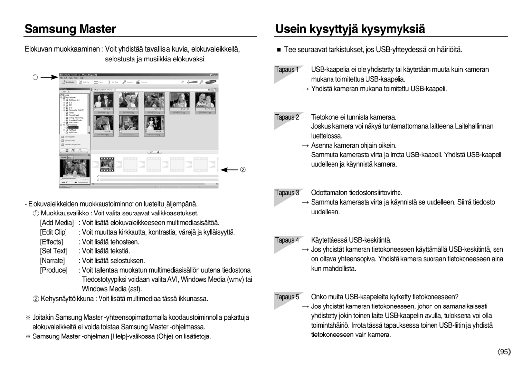 Samsung EC-NV8ZZSDA/E3, EC-NV8ZZBDA/E3, EC-NV8ZZSBA/E2 manual Samsung Master Usein kysyttyjä kysymyksiä, Windows Media asf 