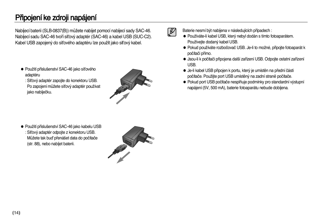 Samsung EC-NV8ZZBDA/E3, EC-NV8ZZSDA/E3 manual Pﬁipojení ke zdroji napájení 