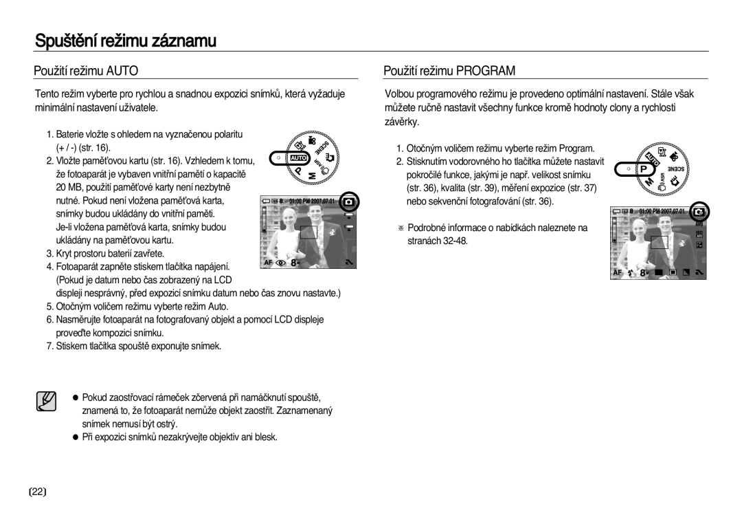 Samsung EC-NV8ZZBDA/E3, EC-NV8ZZSDA/E3 manual Spu‰tûní reÏimu záznamu, PouÏití reÏimu Auto, PouÏití reÏimu Program 