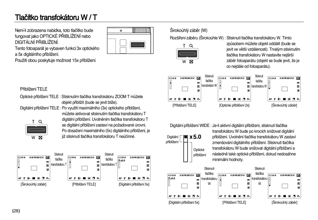 Samsung EC-NV8ZZBDA/E3, EC-NV8ZZSDA/E3 manual Tlaãítko transfokátoru W / T, ·irokoúhl˘ zábûr W 