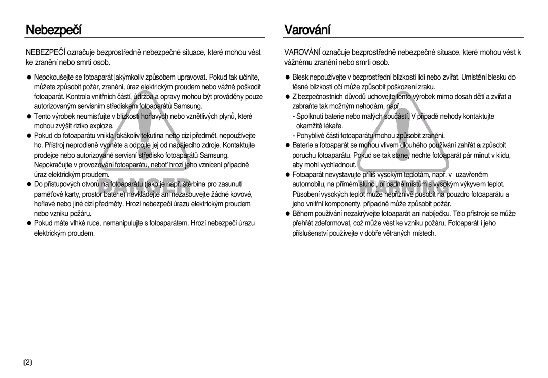 Samsung EC-NV8ZZBDA/E3, EC-NV8ZZSDA/E3 manual Nebezpeãí, Varování 