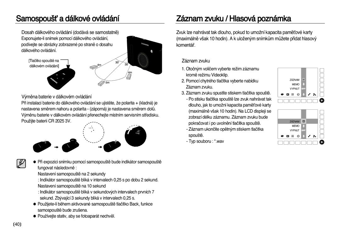 Samsung EC-NV8ZZBDA/E3, EC-NV8ZZSDA/E3 manual Záznam zvuku / Hlasová poznámka, Dosah dálkového ovládání dodává se samostatnû 