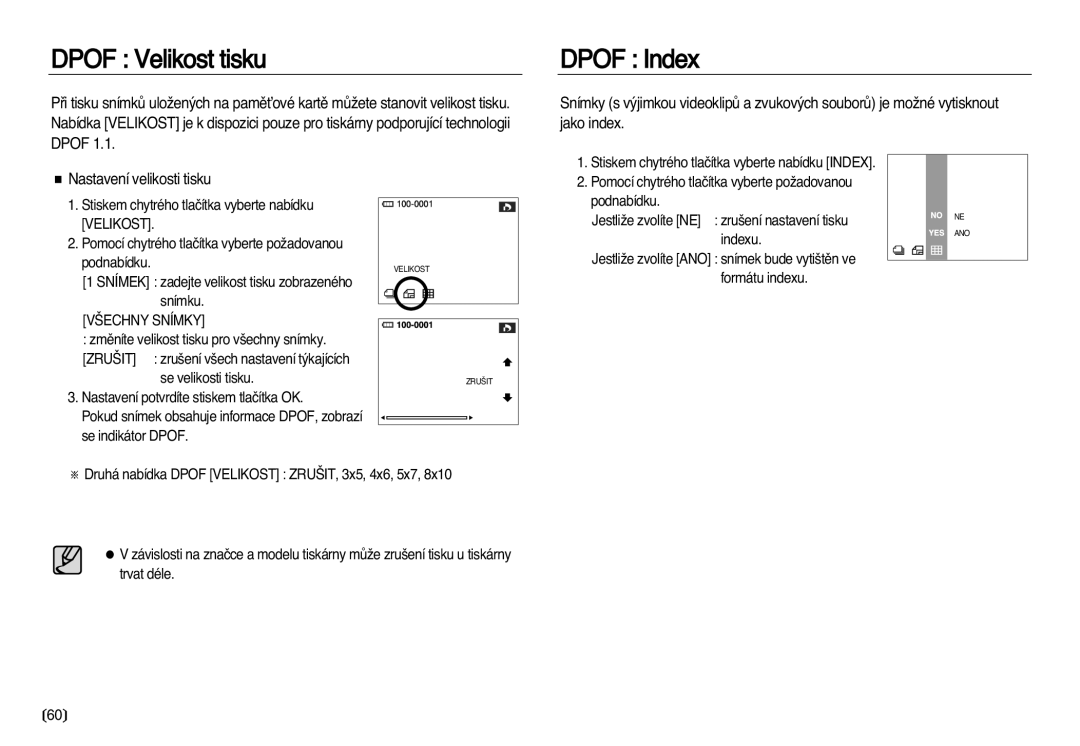 Samsung EC-NV8ZZBDA/E3, EC-NV8ZZSDA/E3 manual Dpof Velikost tisku, Dpof Index 