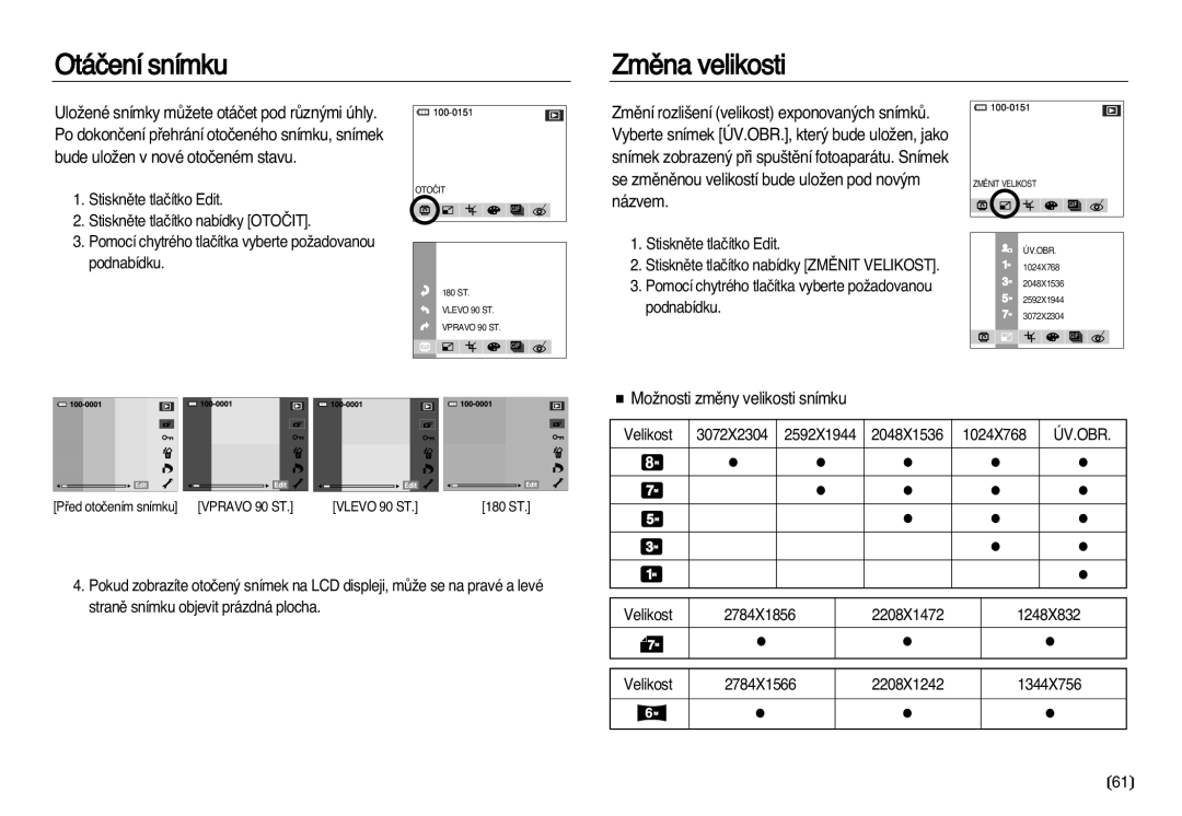 Samsung EC-NV8ZZSDA/E3, EC-NV8ZZBDA/E3 manual Otáãení snímku Zmûna velikosti, MoÏnosti zmûny velikosti snímku, Úv.Obr 