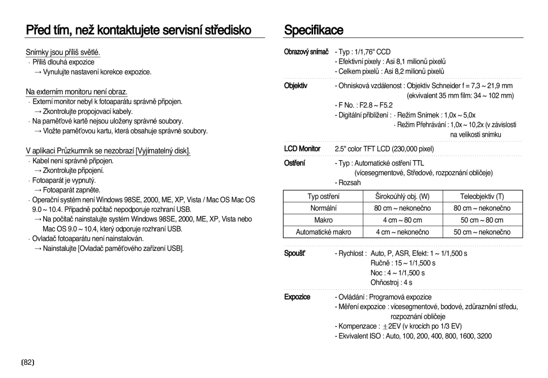 Samsung EC-NV8ZZBDA/E3, EC-NV8ZZSDA/E3 manual Specifikace, Snímky jsou pﬁíli‰ svûtlé, Na externím monitoru není obraz 