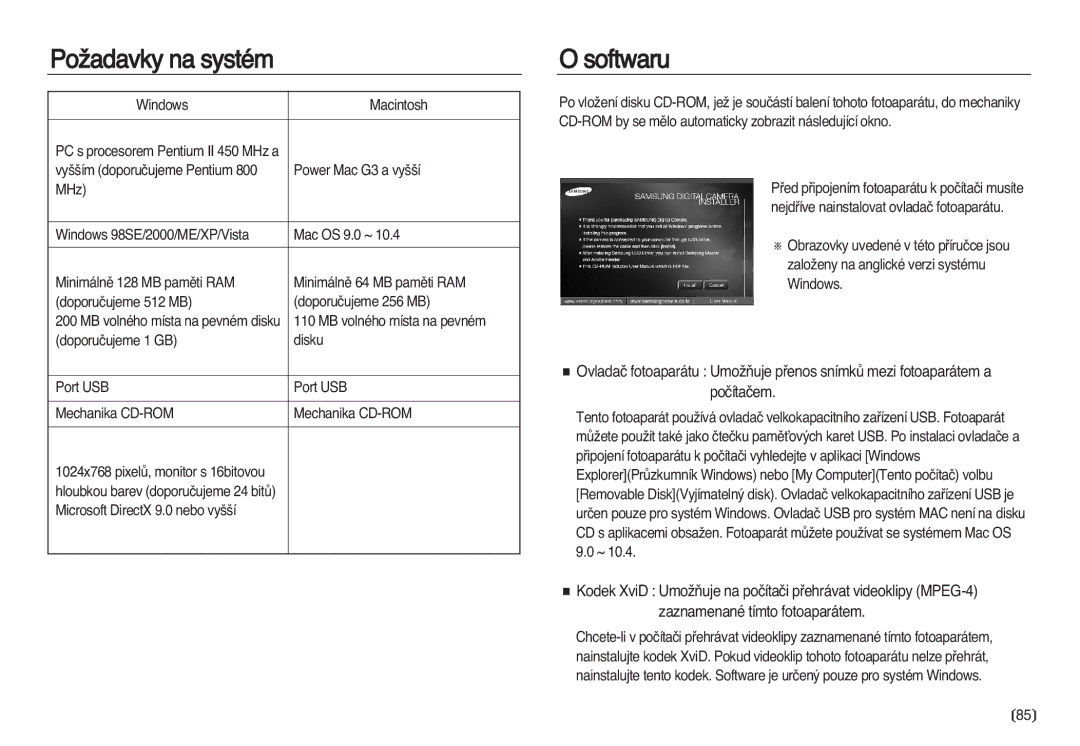 Samsung EC-NV8ZZSDA/E3, EC-NV8ZZBDA/E3 manual PoÏadavky na systém, Softwaru 