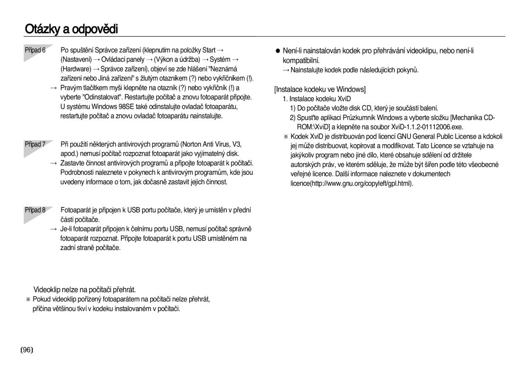 Samsung EC-NV8ZZBDA/E3, EC-NV8ZZSDA/E3 manual Videoklip nelze na poãítaãi pﬁehrát, Instalace kodeku ve Windows 