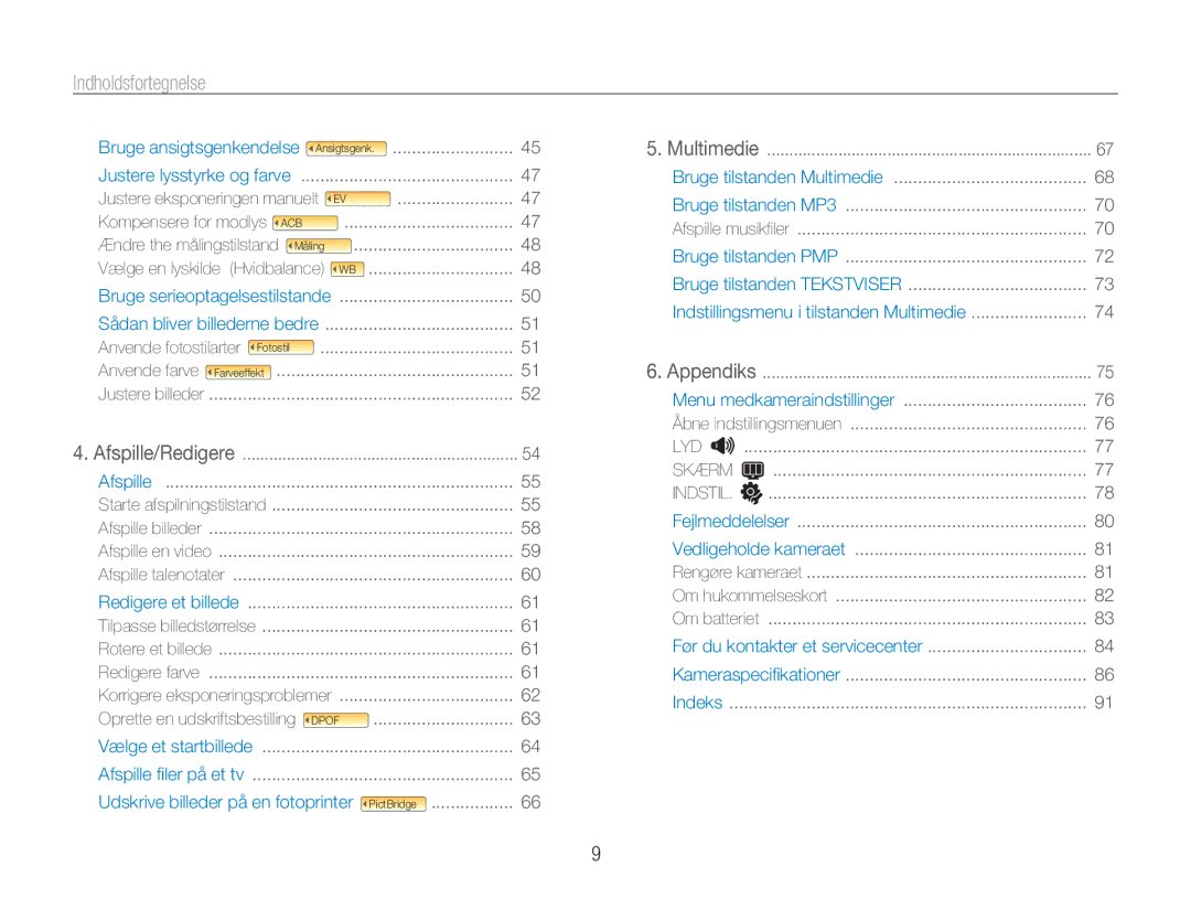 Samsung EC-NV9ZZSBA/E2, EC-NV9ZZBBA/E1, EC-NV9ZZBBA/E2, EC-NV9ZZPBA/E2 manual Indholdsfortegnelse, Multimedie 