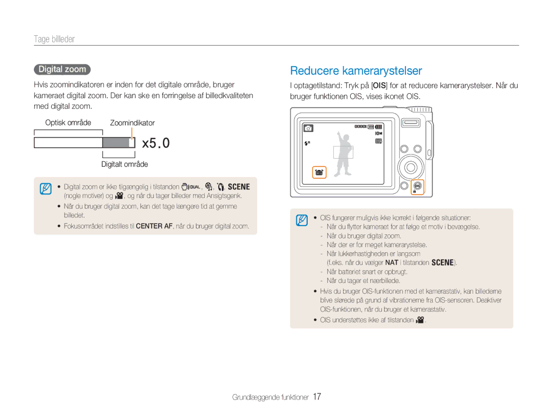 Samsung EC-NV9ZZSBA/E2, EC-NV9ZZBBA/E1 manual Reducere kamerarystelser, Tage billeder, Digital zoom, Digitalt område 