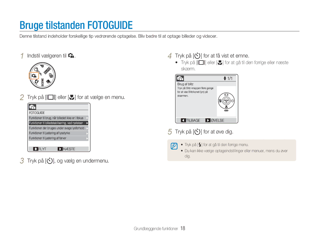 Samsung EC-NV9ZZPBA/E2 manual Bruge tilstanden Fotoguide, Indstil vælgeren til Tryk på w eller r for at vælge en menu 