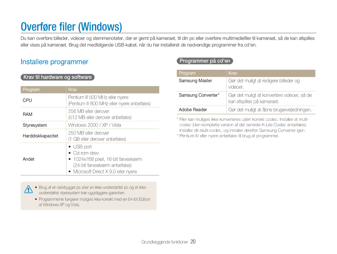 Samsung EC-NV9ZZBBA/E2 Overføre ﬁler Windows, Installere programmer, Krav til hardware og software, Programmer på cden 