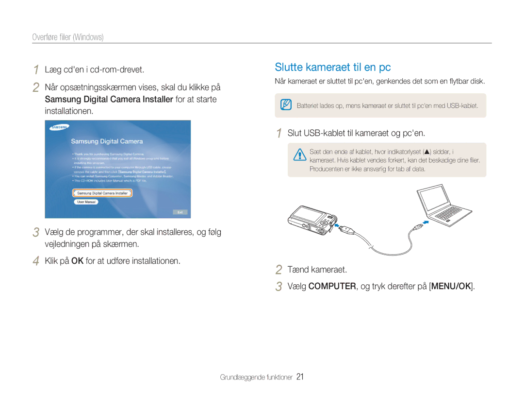 Samsung EC-NV9ZZSBA/E2 manual Slutte kameraet til en pc, Overføre ﬁler Windows, Slut USB-kablet til kameraet og pcen 