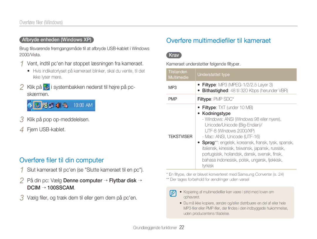 Samsung EC-NV9ZZPBA/E2 Overføre ﬁler til din computer, Overføre multimedieﬁler til kameraet, Afbryde enheden Windows XP 